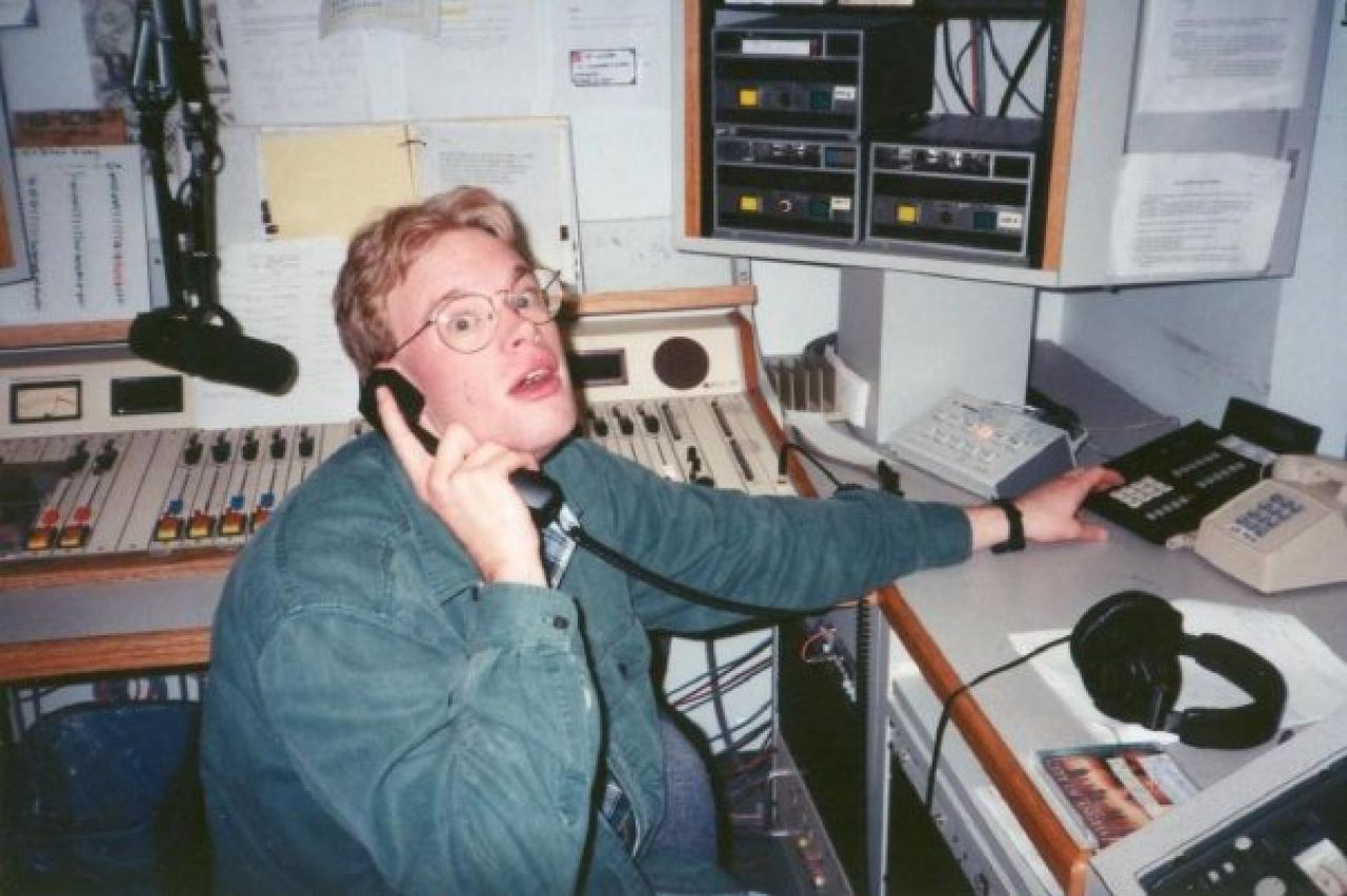 Todd Zarnitz working in a radio studio as a Penn State student.
