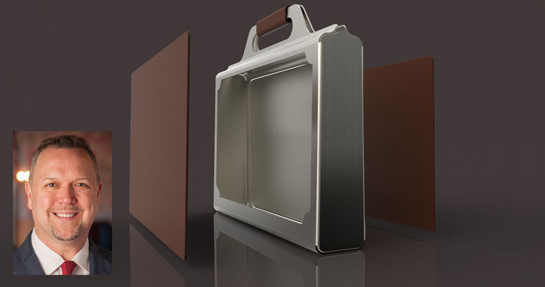 A profile of Eric Polins and a rendering of his briefcase design