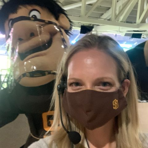 Samantha Freed at work with a mascot