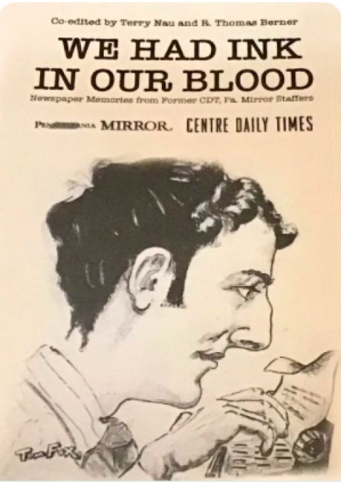 Cover image of the book, "We Had Ink in Our Blood," drawing/image of a man at a typewriter.