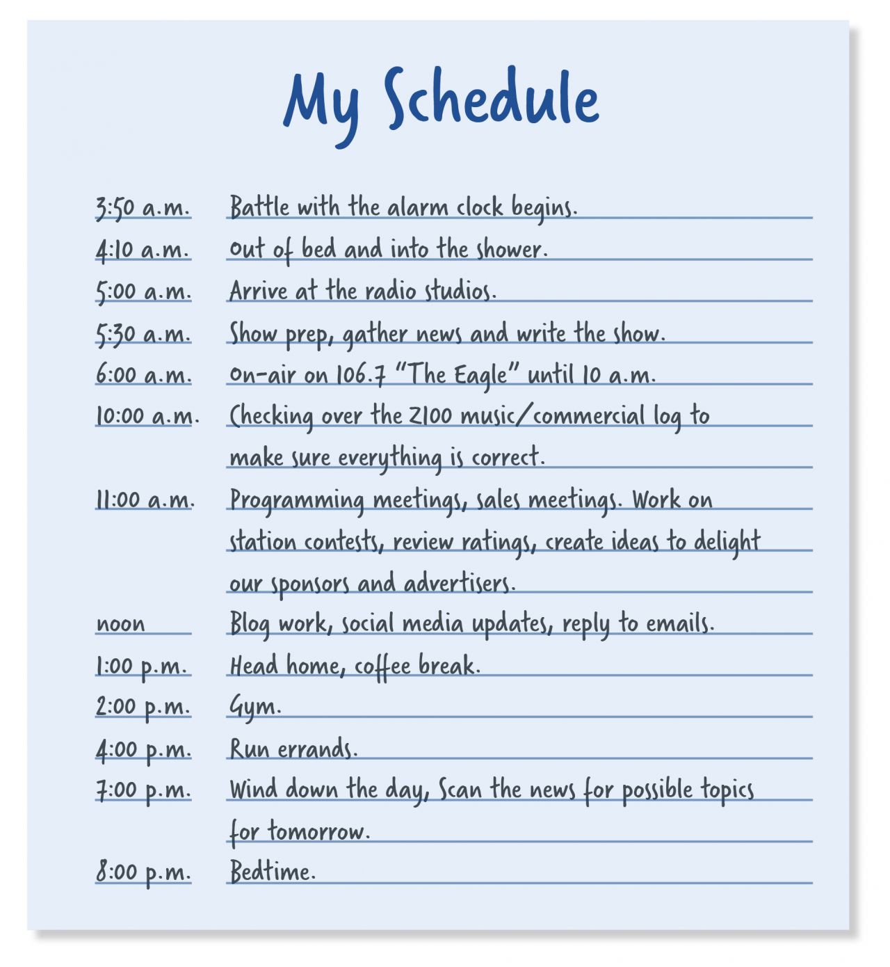 Graphic, hour by hour, of Todd Zarnitz's schedule.