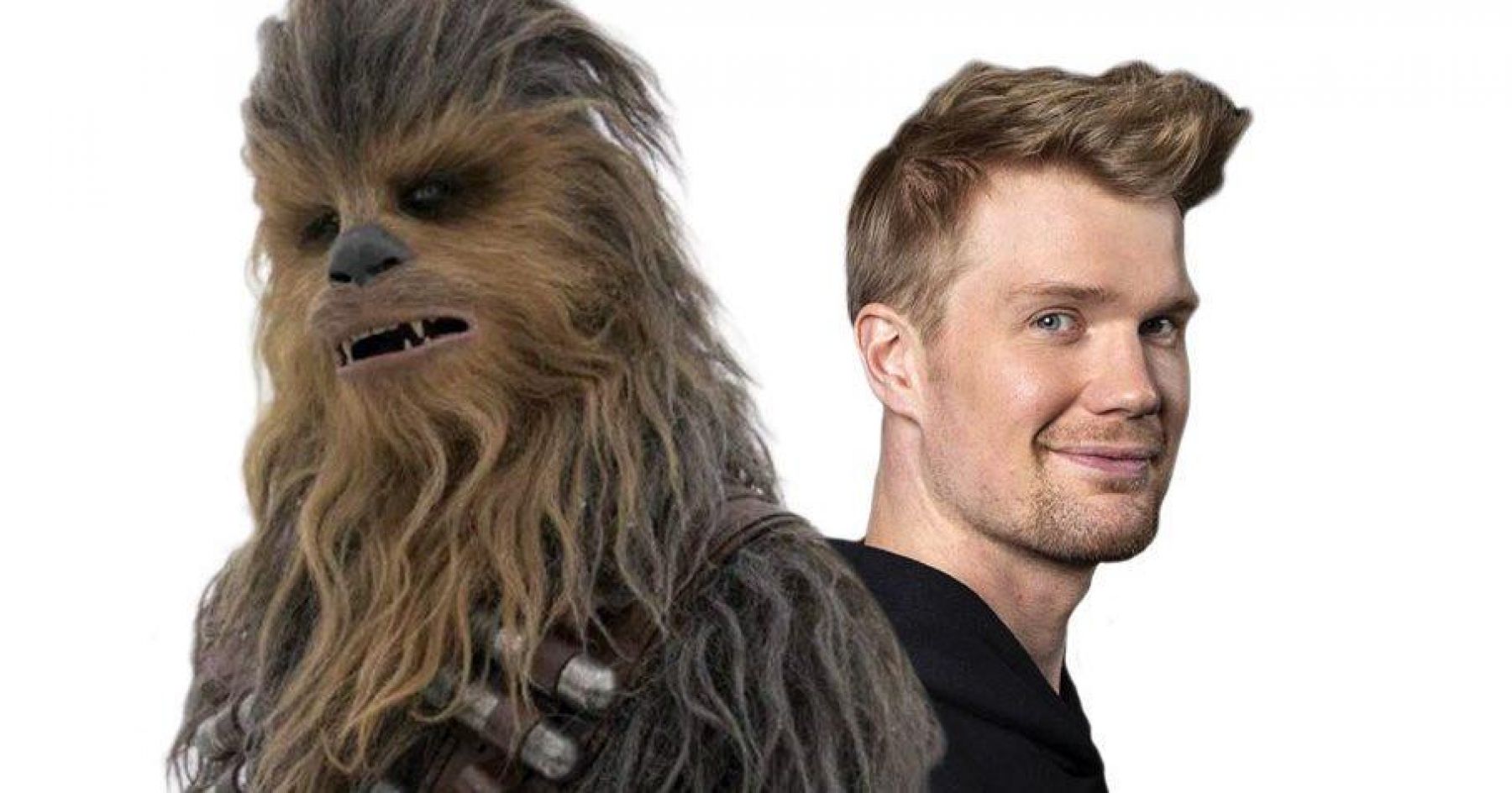 Photo composite of the Star Wars character Chewbacca on the left and the Penn State alumnus actor, Joonas Suotamo, that plays him on the right