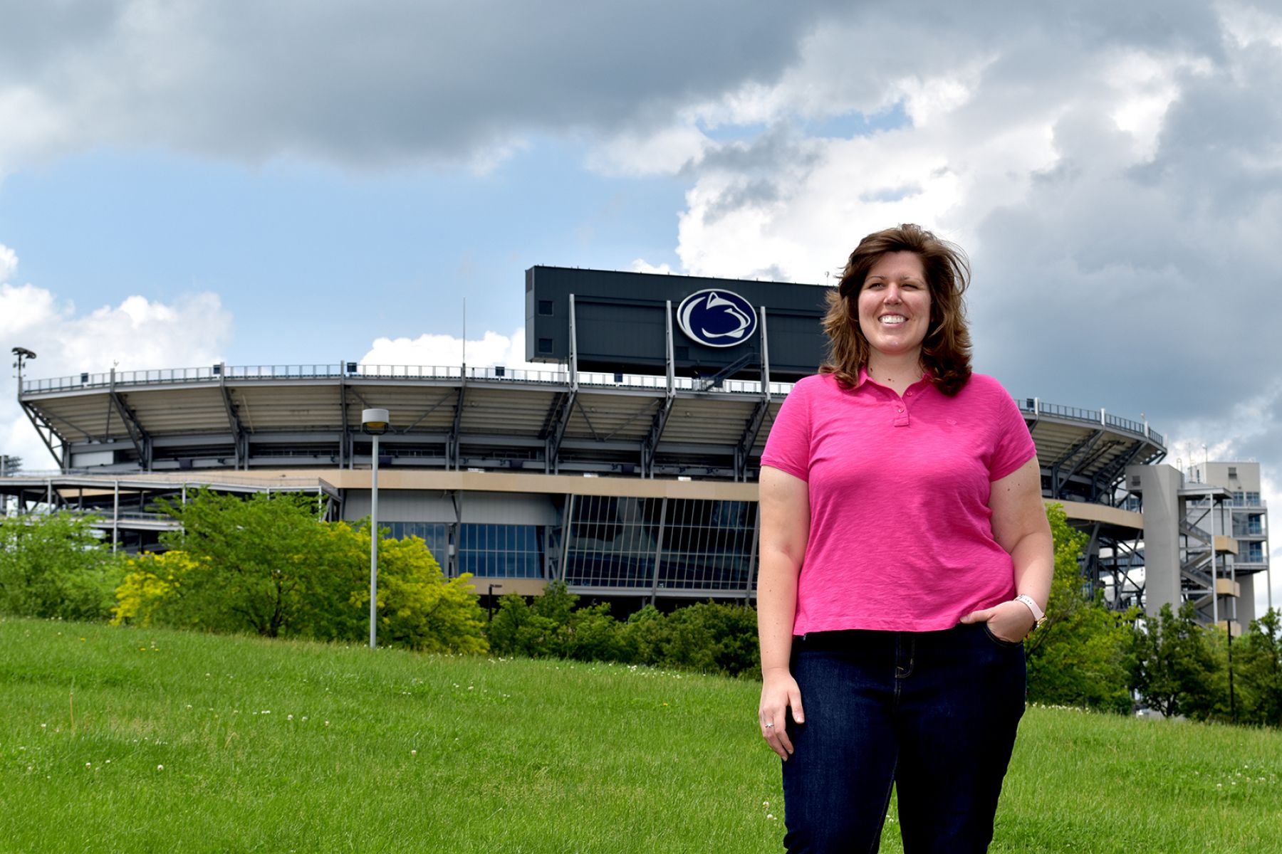 Audrey Snyder outside Beaver Stadium on a bright sunny day