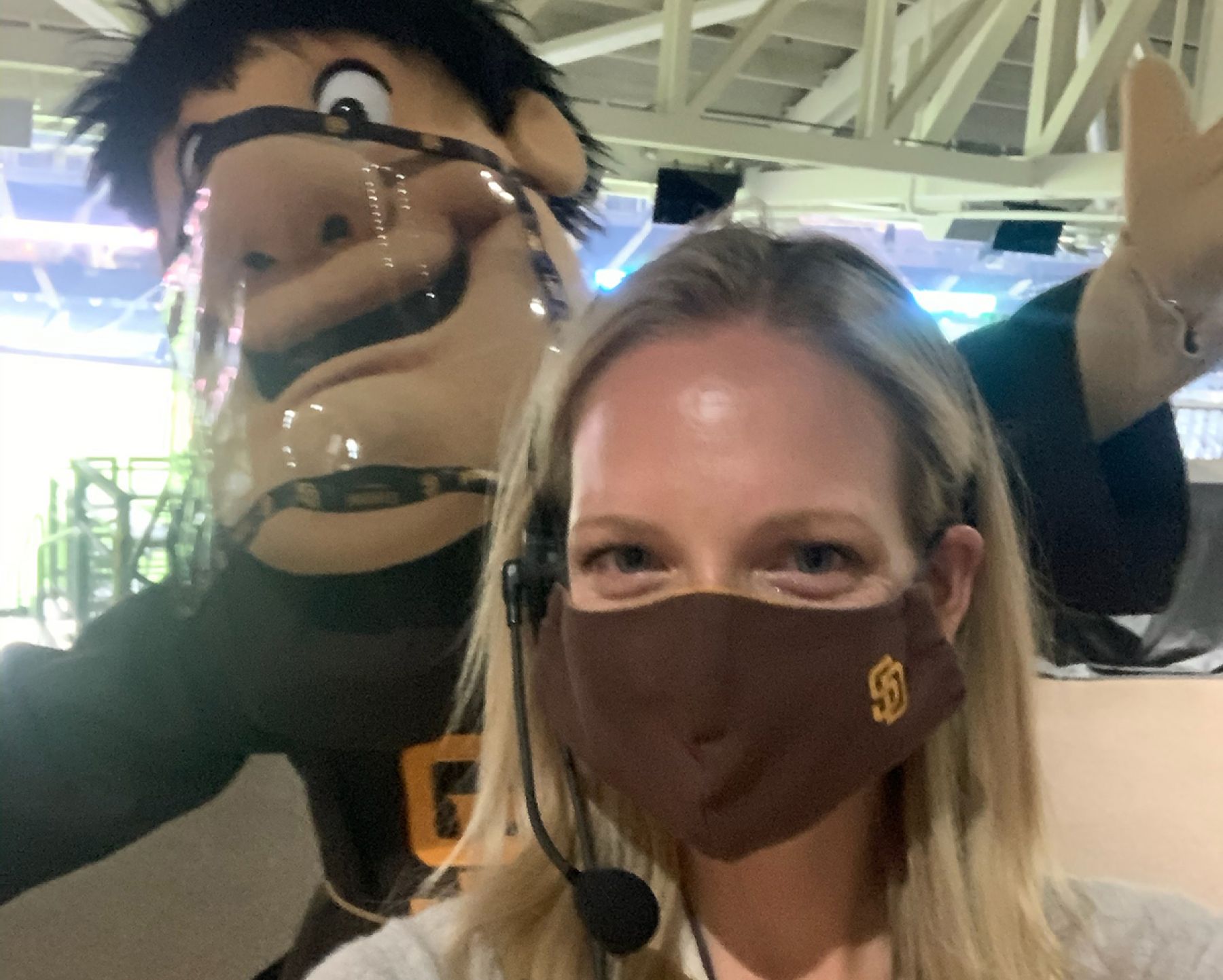 Samantha Freed at work with a mascot
