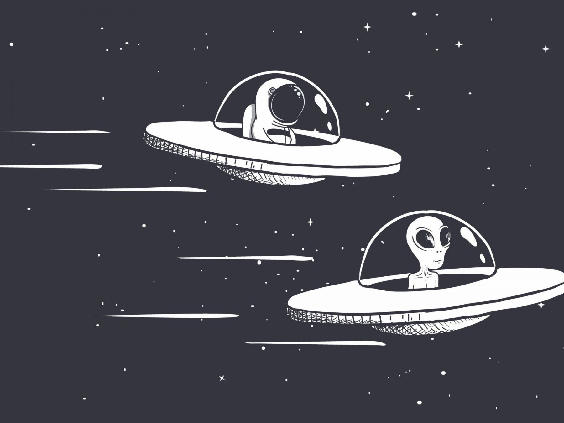 A cartoon illustration in black and white of two flying saucers in the night sky