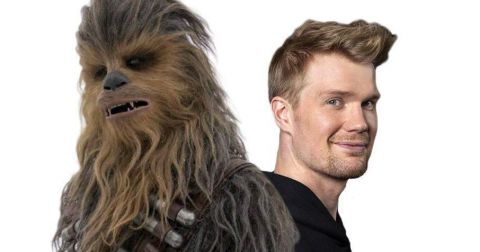 Photo composite of the Star Wars character Chewbacca on the left and the Penn State alumnus actor, Joonas Suotamo, that plays him on the right