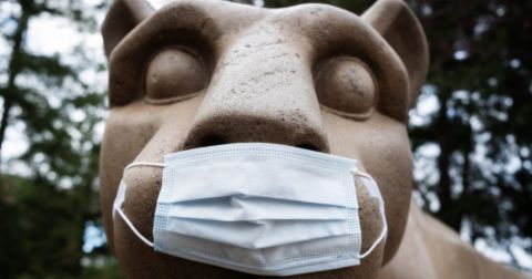 Nittany Lion shrine with a medical mask