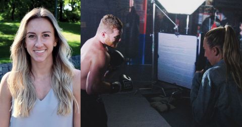 Composite image of a headshot of Hannah Biondi on the left and World champion boxer Canelo Alverez shadow boxing with her during a promotional shoot on the right