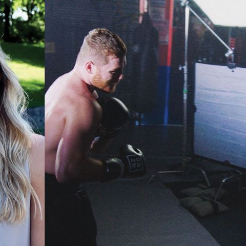 Composite image of a headshot of Hannah Biondi on the left and World champion boxer Canelo Alverez shadow boxing with her during a promotional shoot on the right