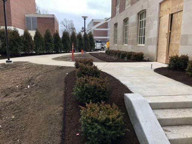 Some early landscaping work at the front of the facility.